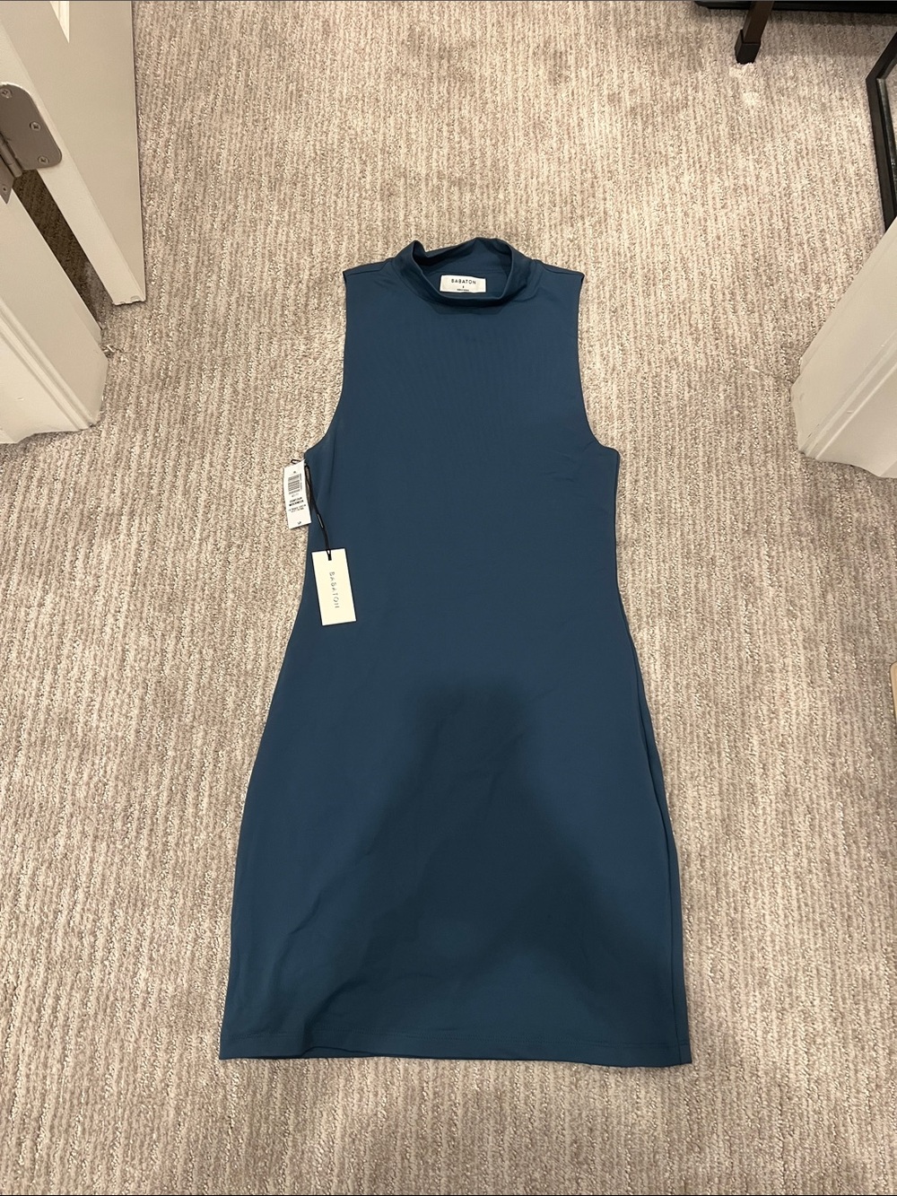 Babaton Sleeveless Mock Neck Midi Dress in Teal Blue